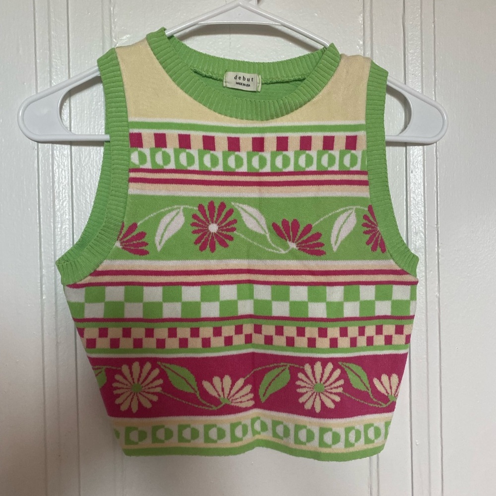 Lime Green & Pink Floral Knit Crop Top